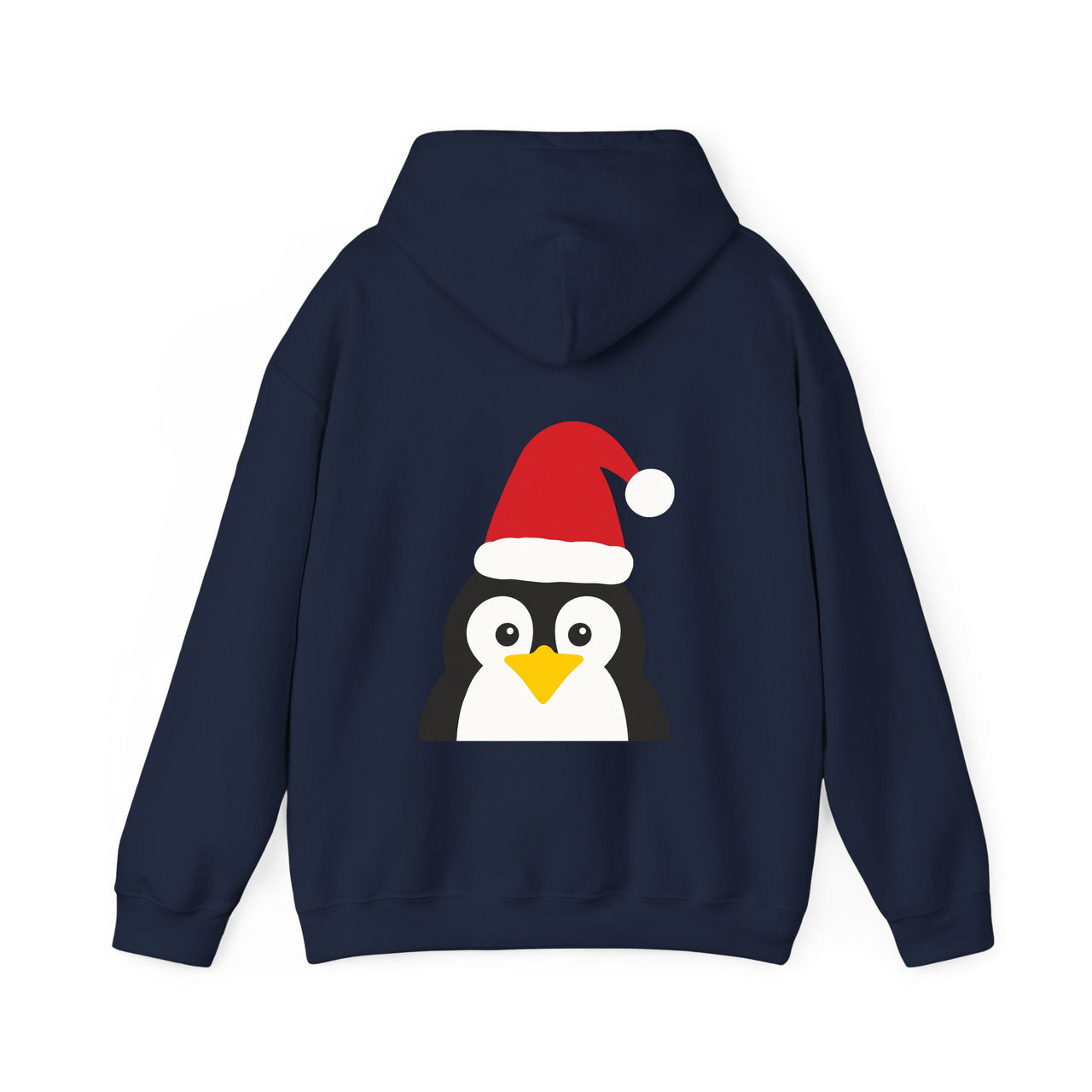 Santa penguin Christmas back print hoodie in Navy, back view with the Santa animal illustration.