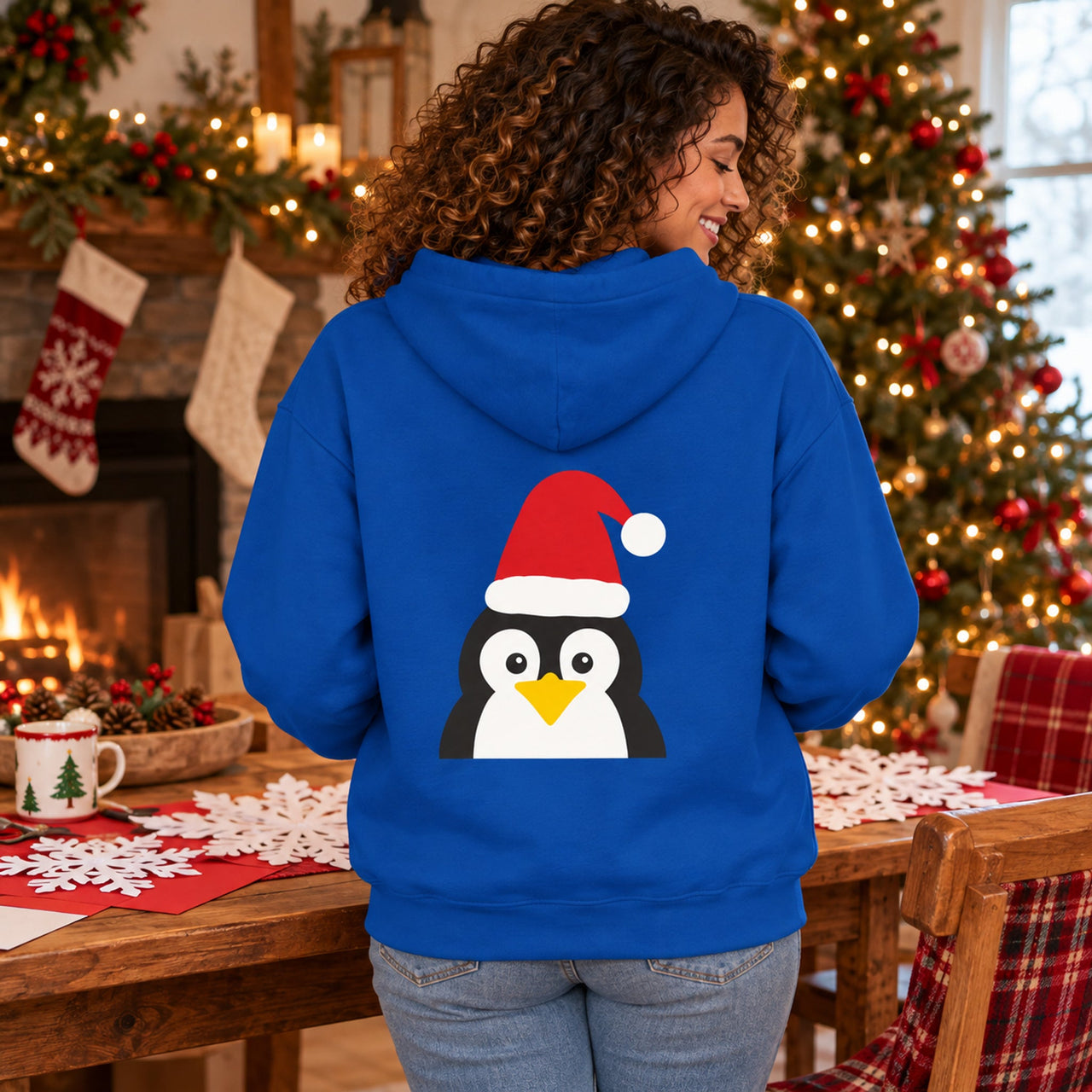 Santa Penguin Christmas back print hoodie in Royal, worn in a Christmas home setting with the Santa penguin back print visible.