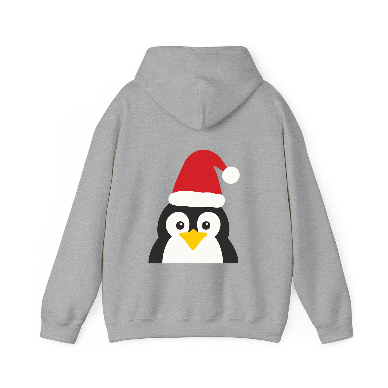 Santa penguin Christmas back print hoodie in Sport Grey, back view with the Santa animal illustration.