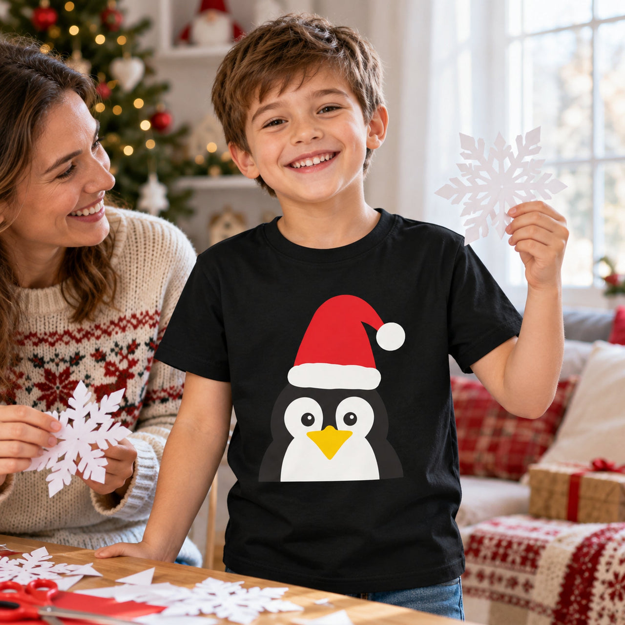 Santa Penguin Christmas kids t shirt in Black, worn in a Christmas home setting with the Santa penguin front print visible.