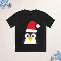 Thumbnail for Santa penguin Christmas kids t shirt in Black, front view with the Santa animal illustration on a Christmas flat-lay background.