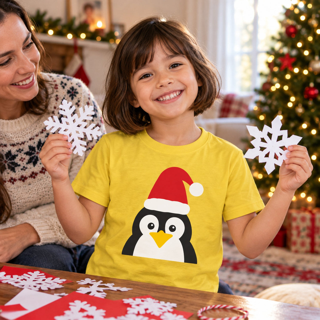 Santa Penguin Christmas kids t shirt in Daisy, worn in a Christmas home setting with the Santa penguin front print visible.