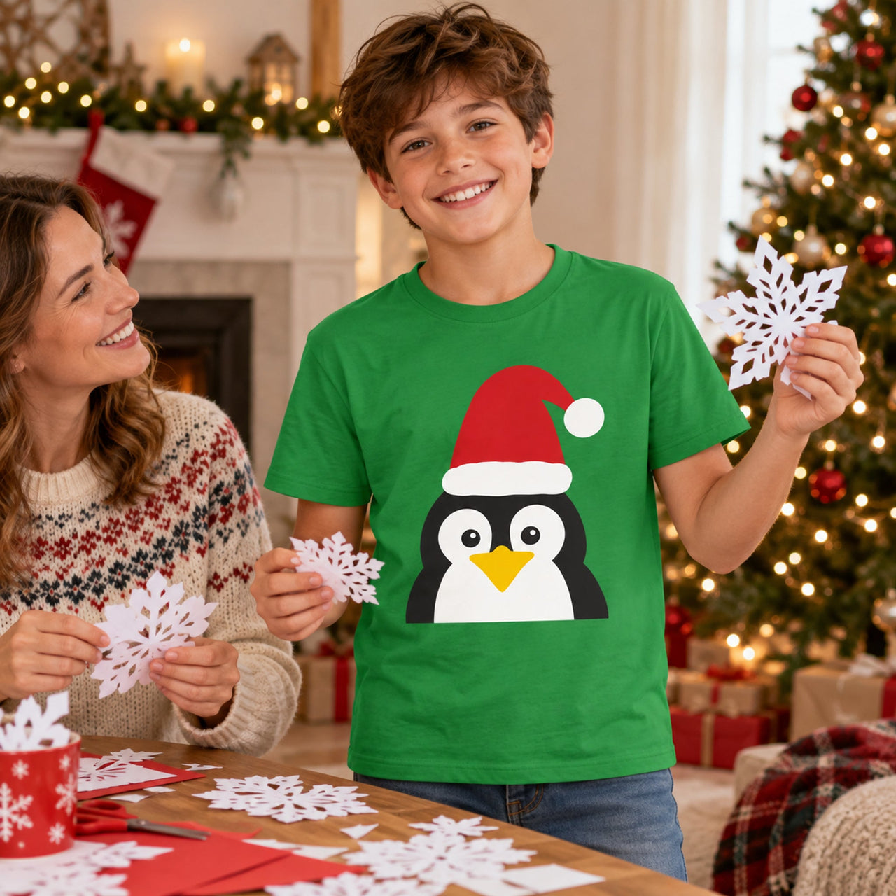 Santa Penguin Christmas kids t shirt in Irish Green, worn in a Christmas home setting with the Santa penguin front print visible.