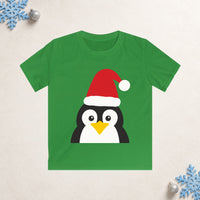 Thumbnail for Santa penguin Christmas kids t shirt in Irish Green, front view with the Santa animal illustration on a Christmas flat-lay background.