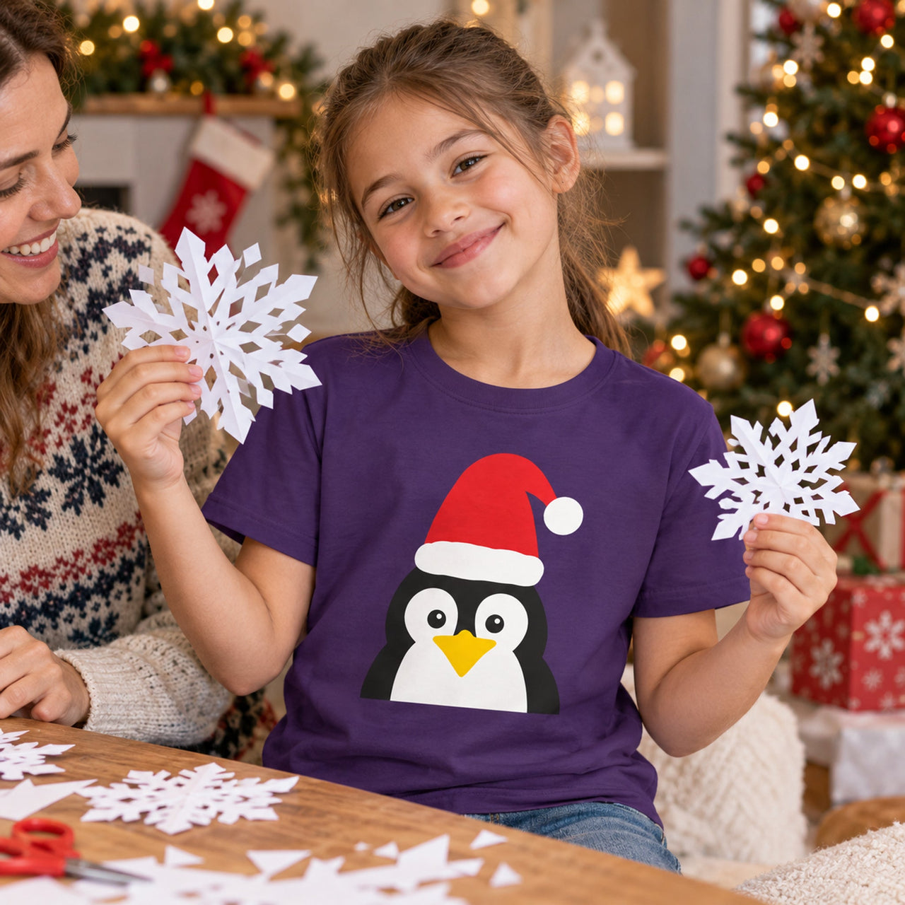 Santa Penguin Christmas kids t shirt in Purple, worn in a Christmas home setting with the Santa penguin front print visible.