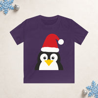 Thumbnail for Santa penguin Christmas kids t shirt in Purple, front view with the Santa animal illustration on a Christmas flat-lay background.