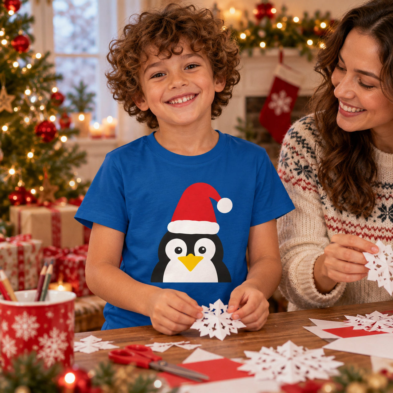 Santa Penguin Christmas kids t shirt in Royal, worn in a Christmas home setting with the Santa penguin front print visible.