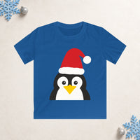 Thumbnail for Santa penguin Christmas kids t shirt in Royal, front view with the Santa animal illustration on a Christmas flat-lay background.
