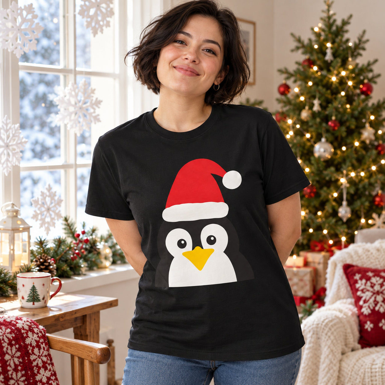 Santa Penguin Christmas unisex t shirt in Black, worn in a Christmas home setting with the Santa penguin front print visible.