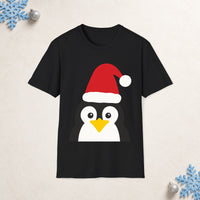 Thumbnail for Santa penguin Christmas unisex t shirt in Black, front view with the Santa animal illustration on a Christmas flat-lay background.