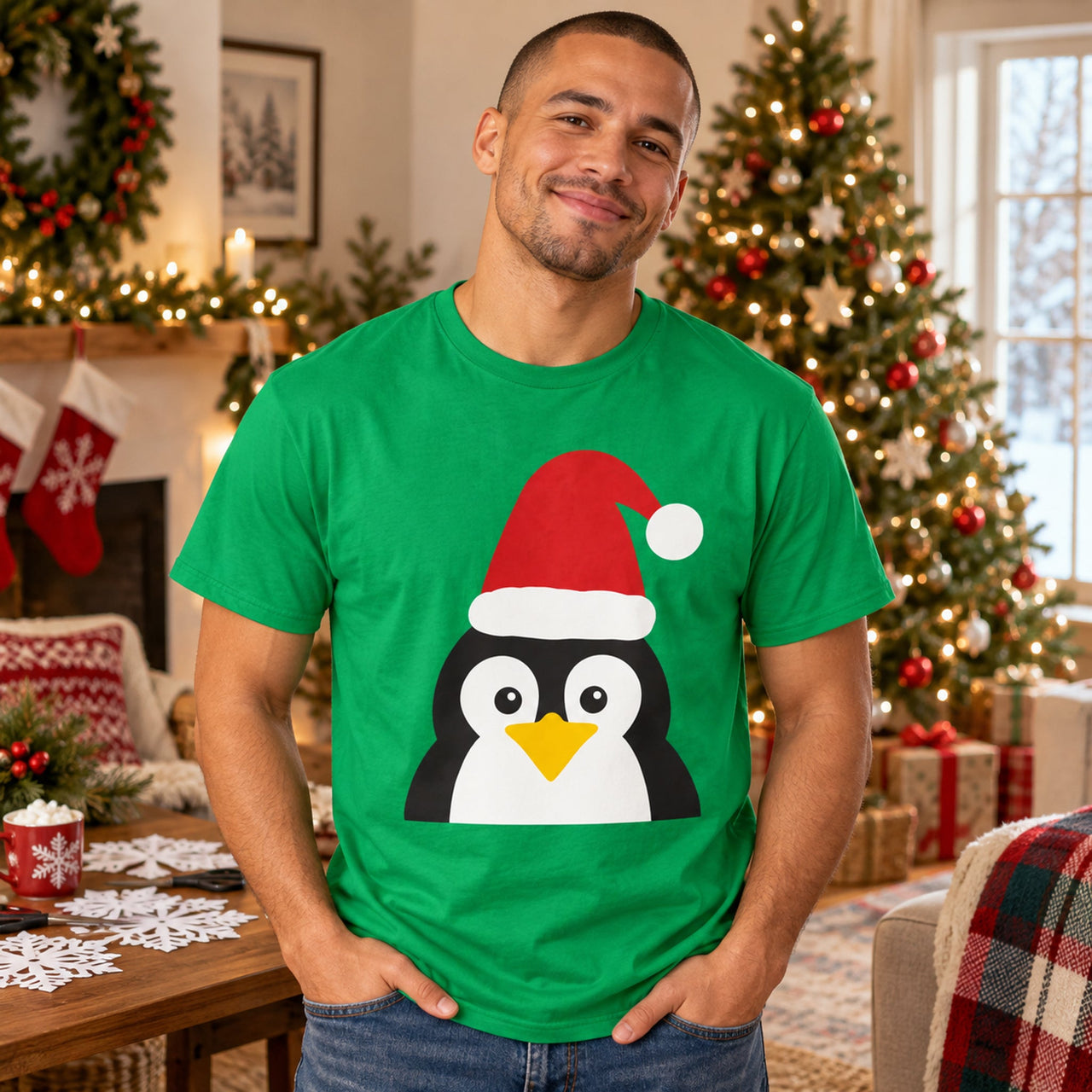 Santa Penguin Christmas unisex t shirt in Irish Green, worn in a Christmas home setting with the Santa penguin front print visible.