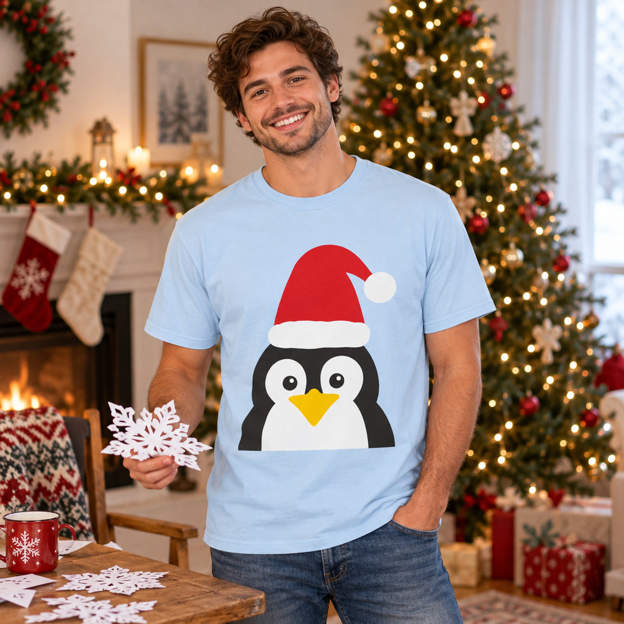 Santa Penguin Christmas unisex t shirt in Light Blue, worn in a Christmas home setting with the Santa penguin front print visible.