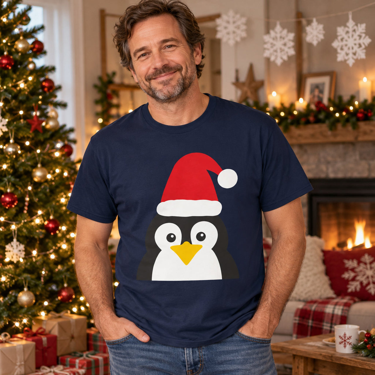 Santa Penguin Christmas unisex t shirt in Navy, worn in a Christmas home setting with the Santa penguin front print visible.