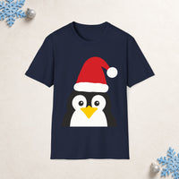 Thumbnail for Santa penguin Christmas unisex t shirt in Navy, front view with the Santa animal illustration on a Christmas flat-lay background.