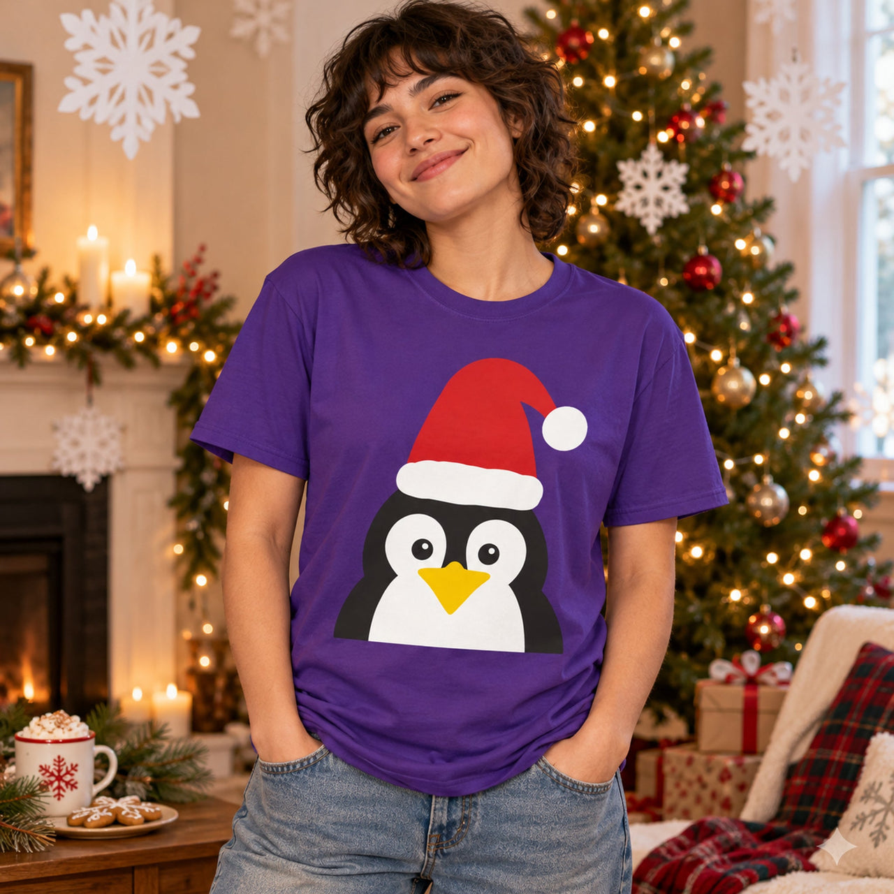 Santa Penguin Christmas unisex t shirt in Purple, worn in a Christmas home setting with the Santa penguin front print visible.