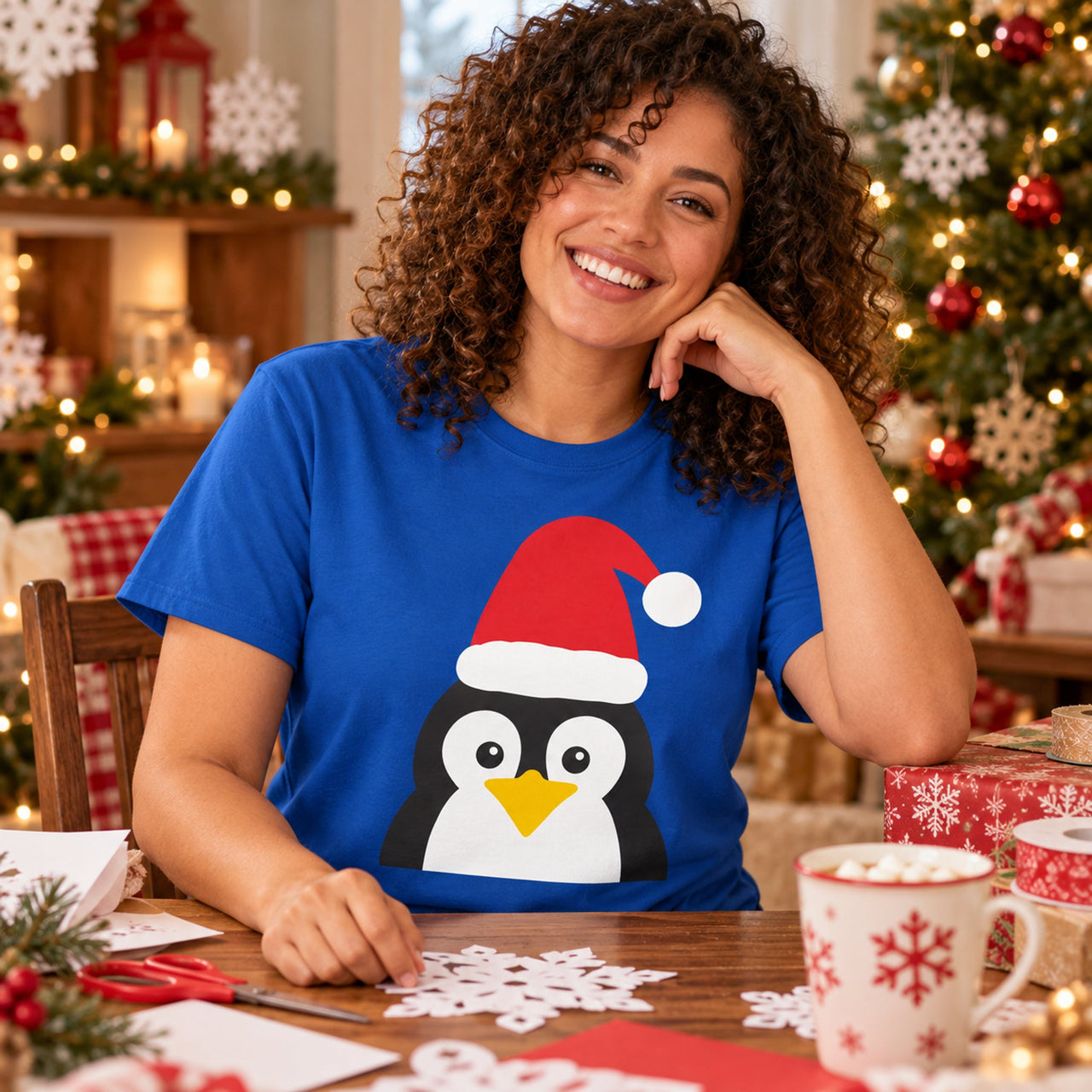 Santa Penguin Christmas unisex t shirt in Royal, worn in a Christmas home setting with the Santa penguin front print visible.