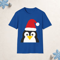 Thumbnail for Santa penguin Christmas unisex t shirt in Royal, front view with the Santa animal illustration on a Christmas flat-lay background.