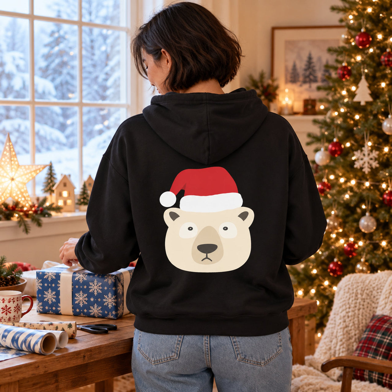 Santa Polar Bear Christmas back print hoodie in Black, worn in a Christmas home setting with the Santa polar bear back print visible.