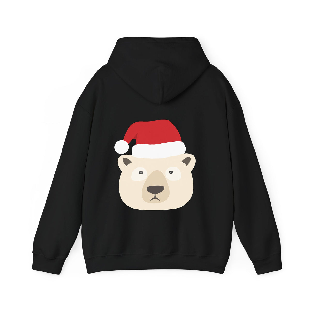 Santa polar bear Christmas back print hoodie in Black, back view with the Santa animal illustration.