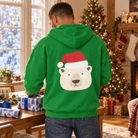 Thumbnail for Santa Polar Bear Christmas back print hoodie in Irish Green, worn in a Christmas home setting with the Santa polar bear back print visible.