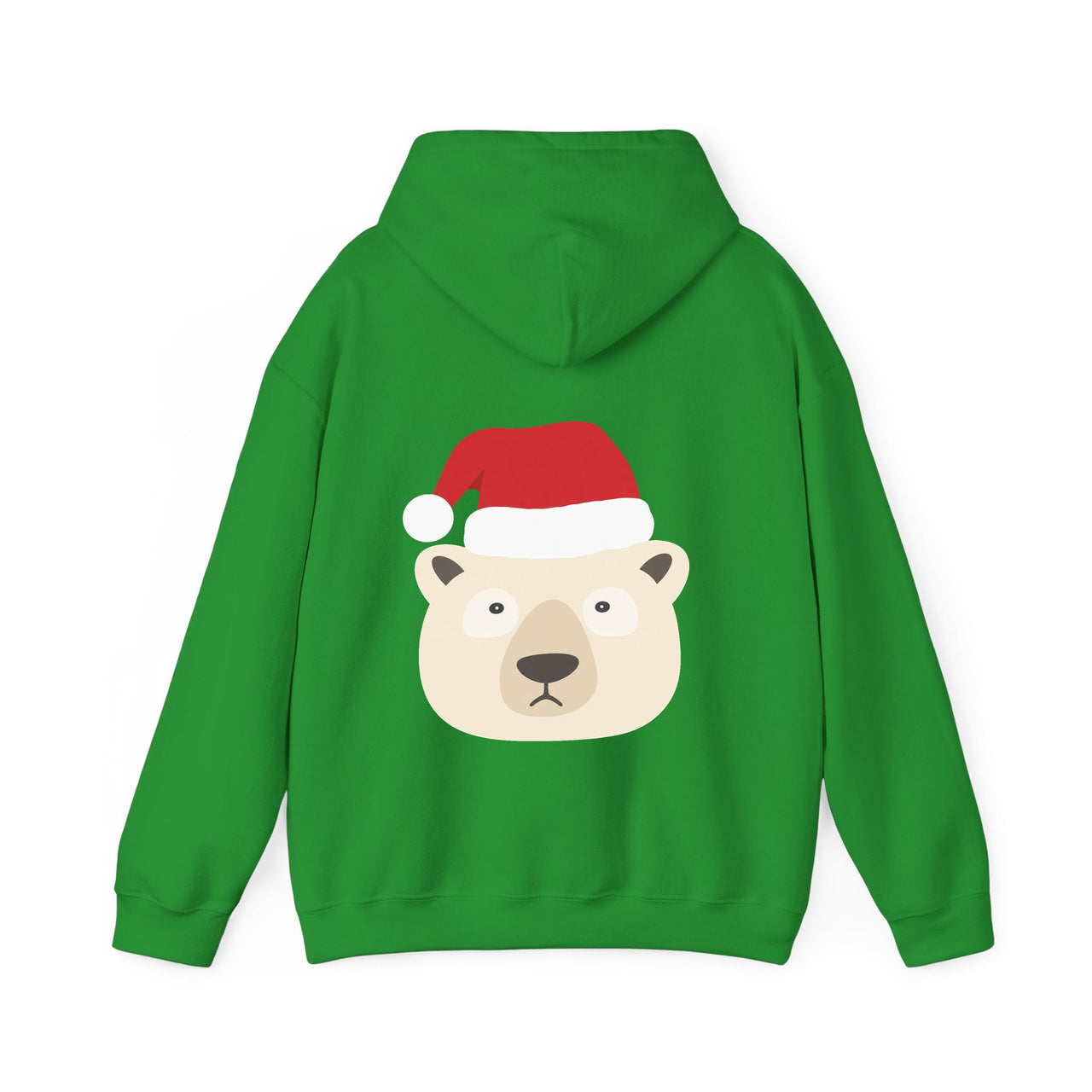 Santa polar bear Christmas back print hoodie in Irish Green, back view with the Santa animal illustration.