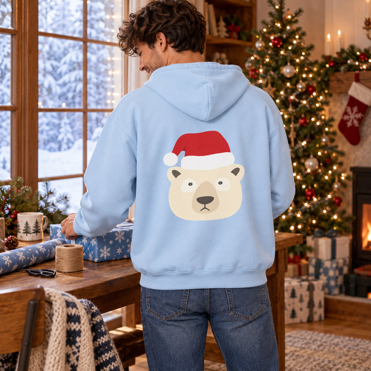 Santa Polar Bear Christmas back print hoodie in Light Blue, worn in a Christmas home setting with the Santa polar bear back print visible.