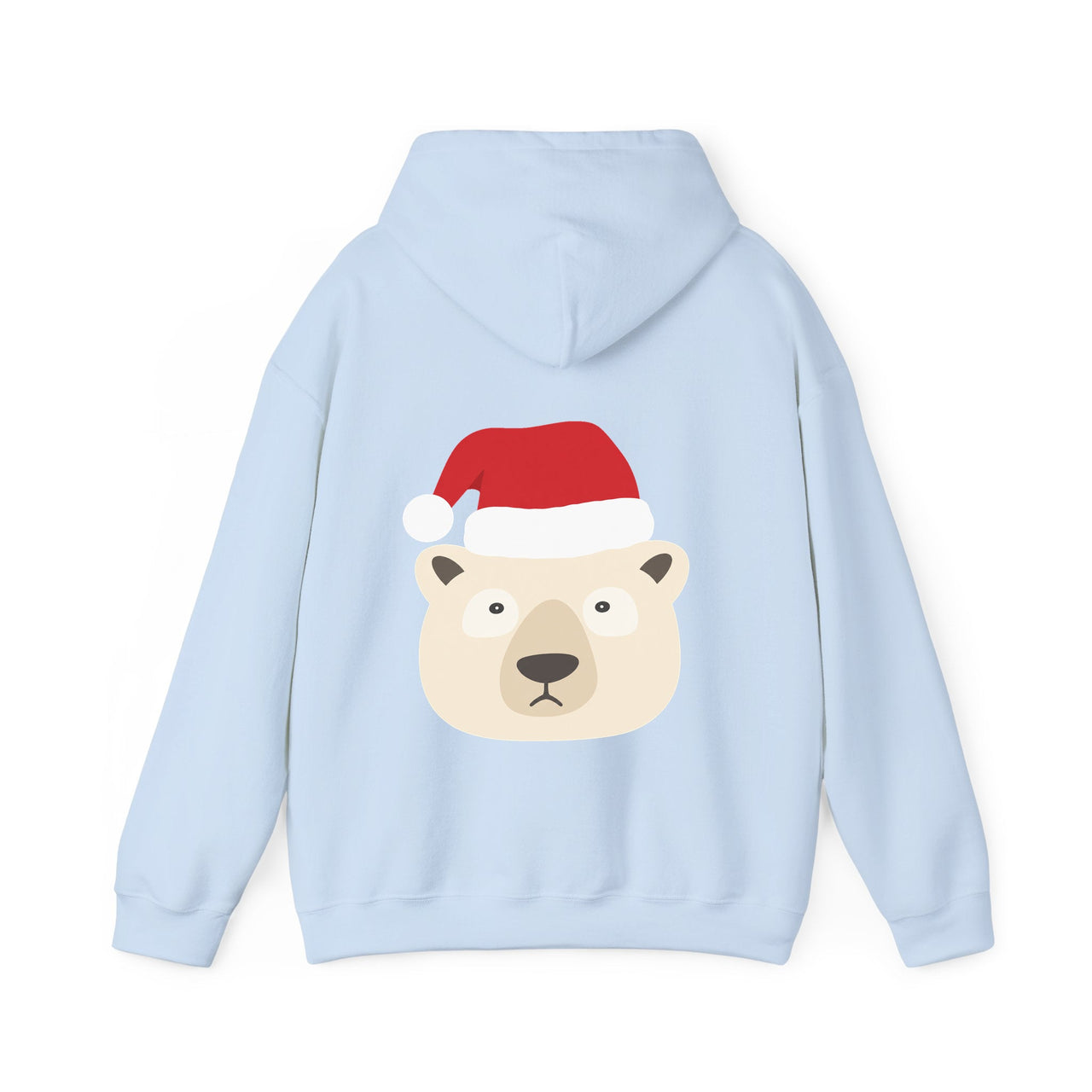 Santa polar bear Christmas back print hoodie in Light Blue, back view with the Santa animal illustration.