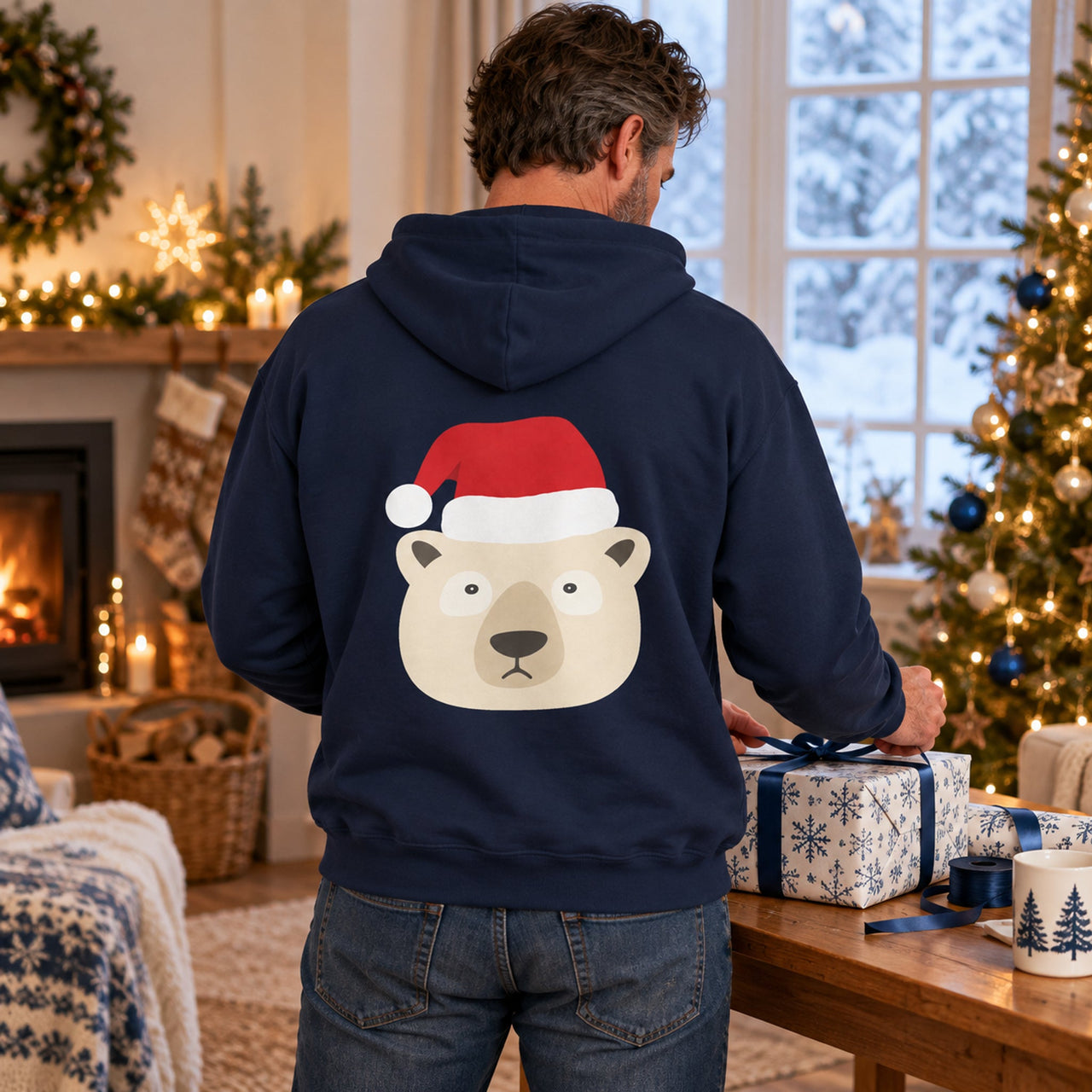 Santa Polar Bear Christmas back print hoodie in Navy, worn in a Christmas home setting with the Santa polar bear back print visible.