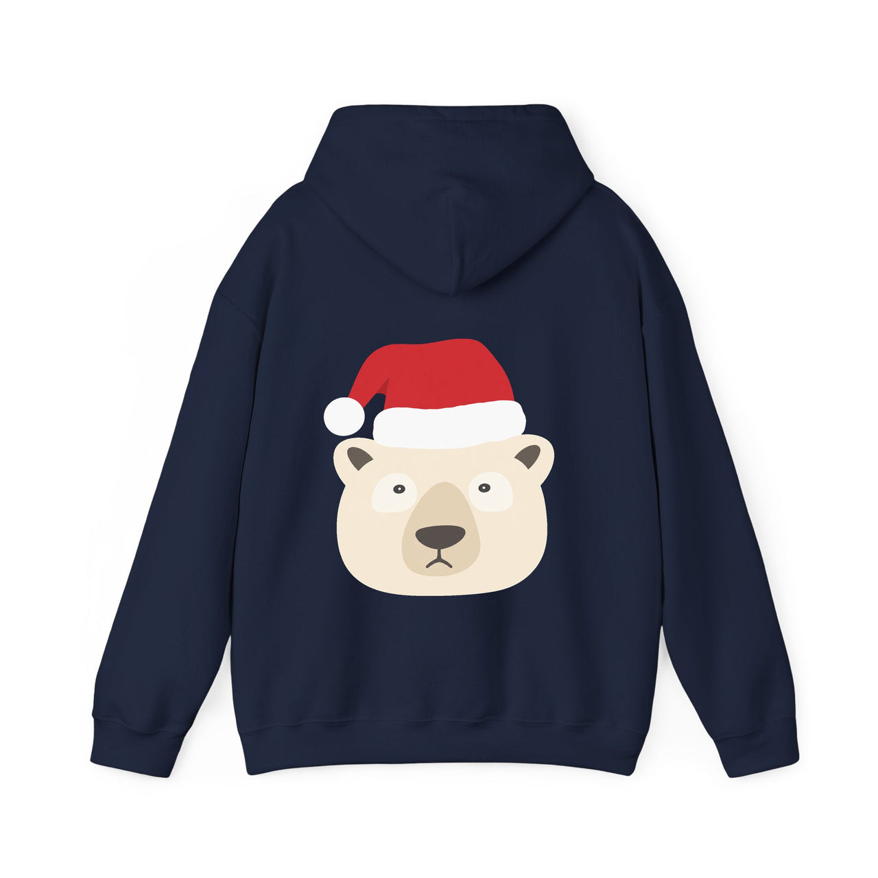 Santa polar bear Christmas back print hoodie in Navy, back view with the Santa animal illustration.