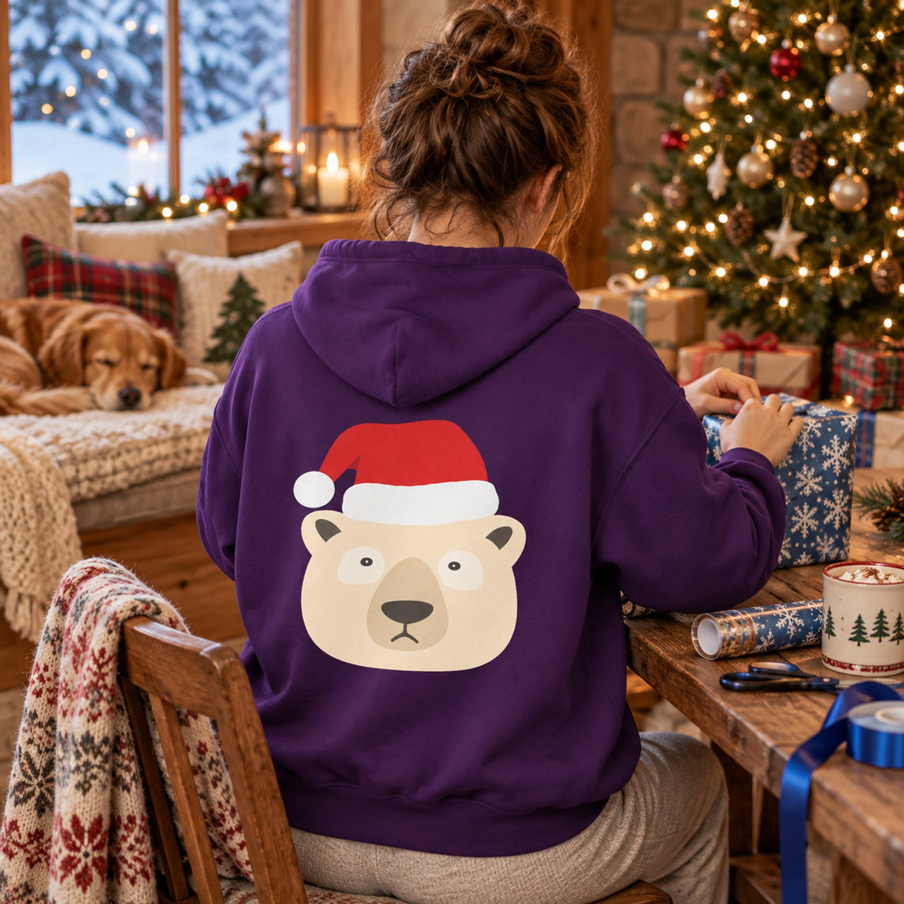 Santa Polar Bear Christmas back print hoodie in Purple, worn in a Christmas home setting with the Santa polar bear back print visible.