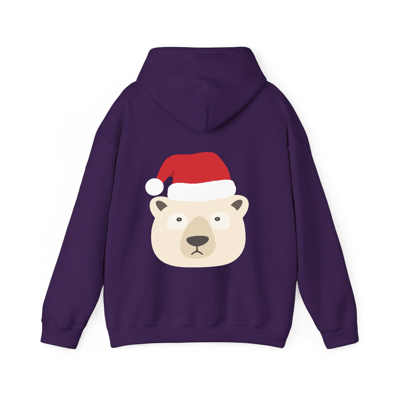 Santa polar bear Christmas back print hoodie in Purple, back view with the Santa animal illustration.