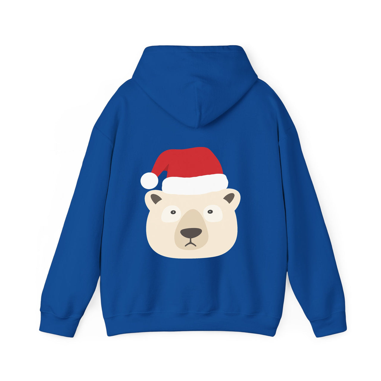 Santa polar bear Christmas back print hoodie in Royal, back view with the Santa animal illustration.