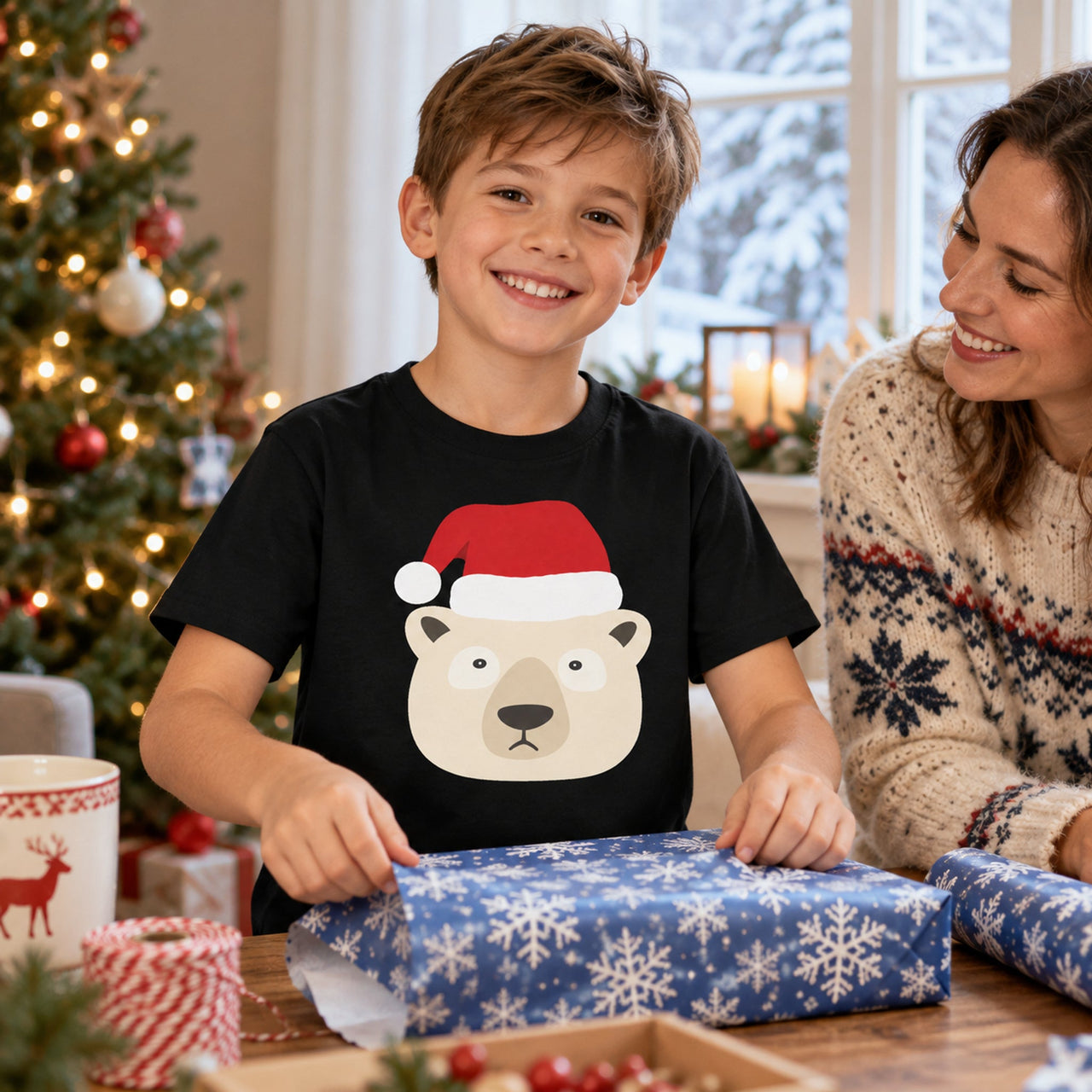 Santa Polar Bear Christmas kids t shirt in Black, worn in a Christmas home setting with the Santa polar bear front print visible.