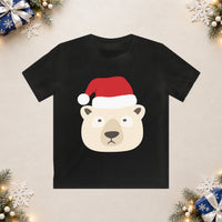 Thumbnail for Santa polar bear Christmas kids t shirt in Black, front view with the Santa animal illustration on a Christmas flat-lay background.