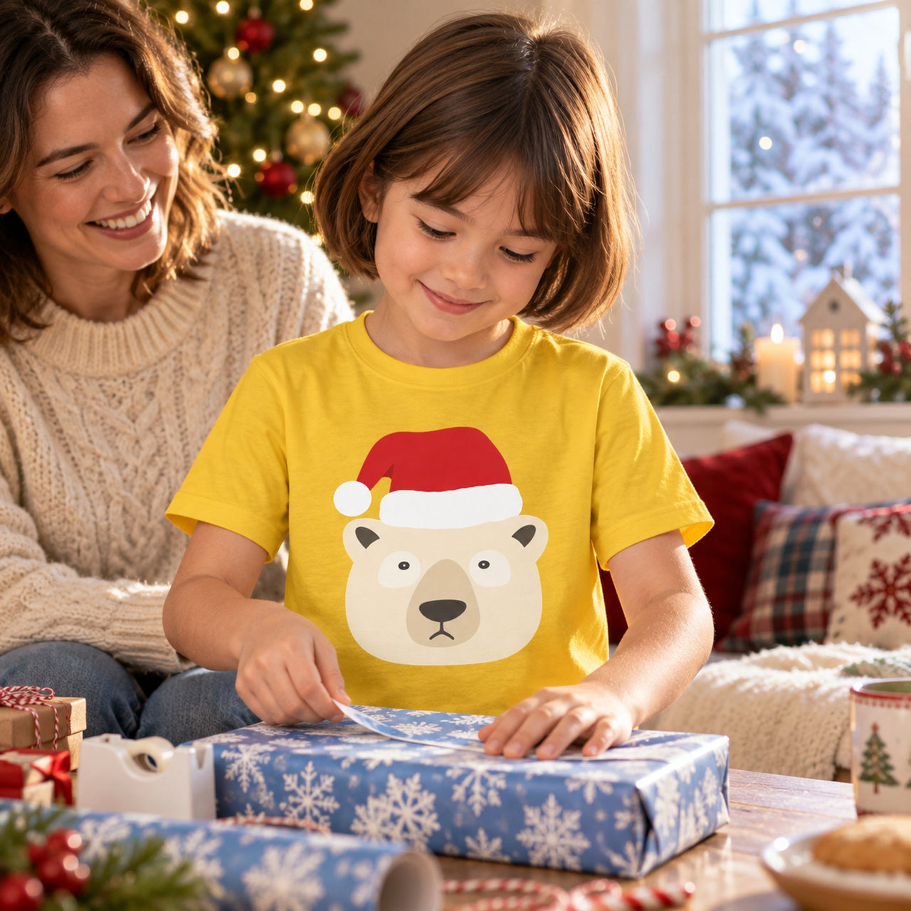 Santa Polar Bear Christmas kids t shirt in Daisy, worn in a Christmas home setting with the Santa polar bear front print visible.