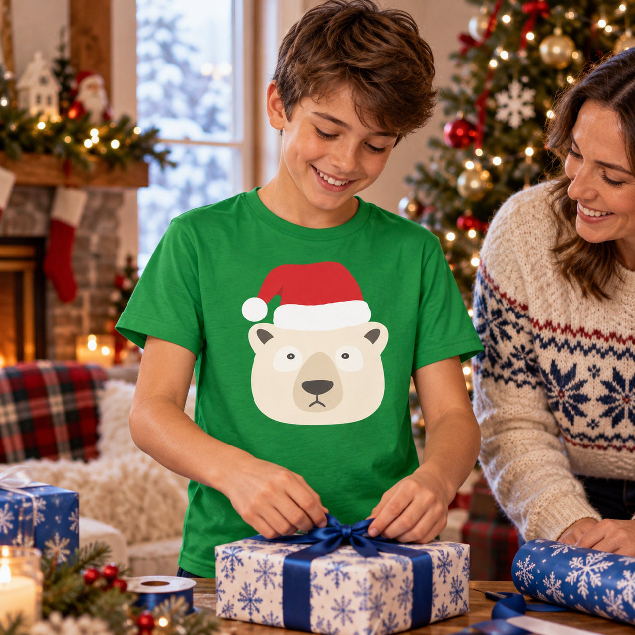 Santa Polar Bear Christmas kids t shirt in Irish Green, worn in a Christmas home setting with the Santa polar bear front print visible.