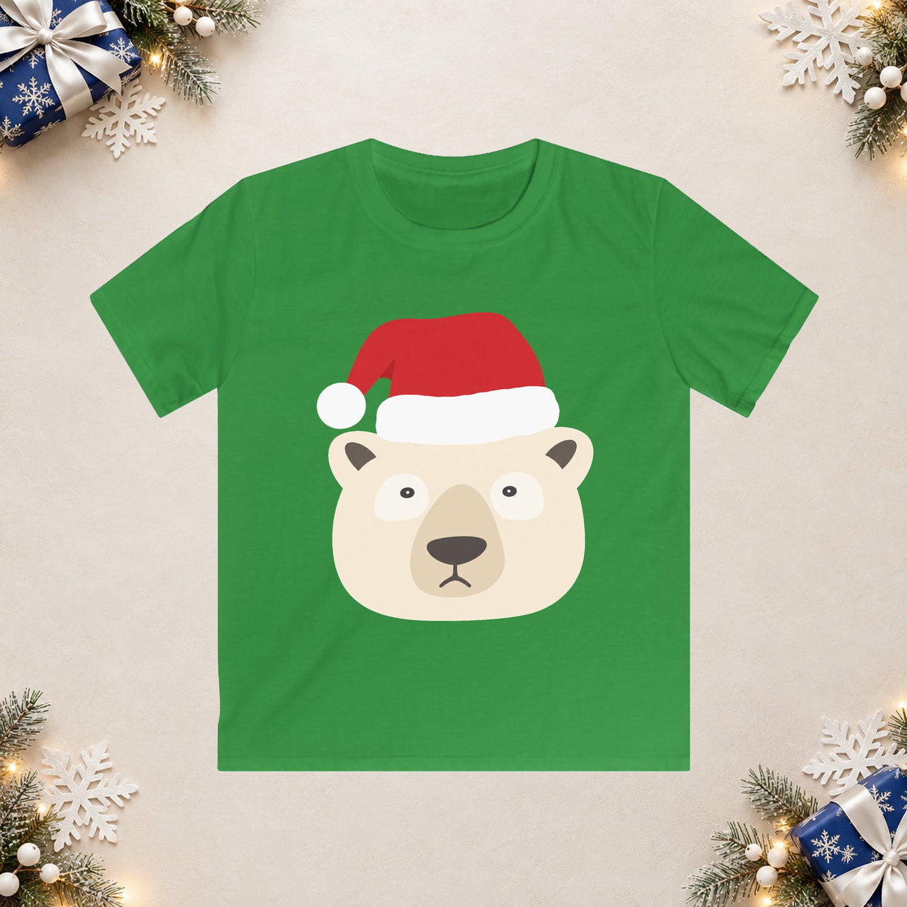Santa polar bear Christmas kids t shirt in Irish Green, front view with the Santa animal illustration on a Christmas flat-lay background.