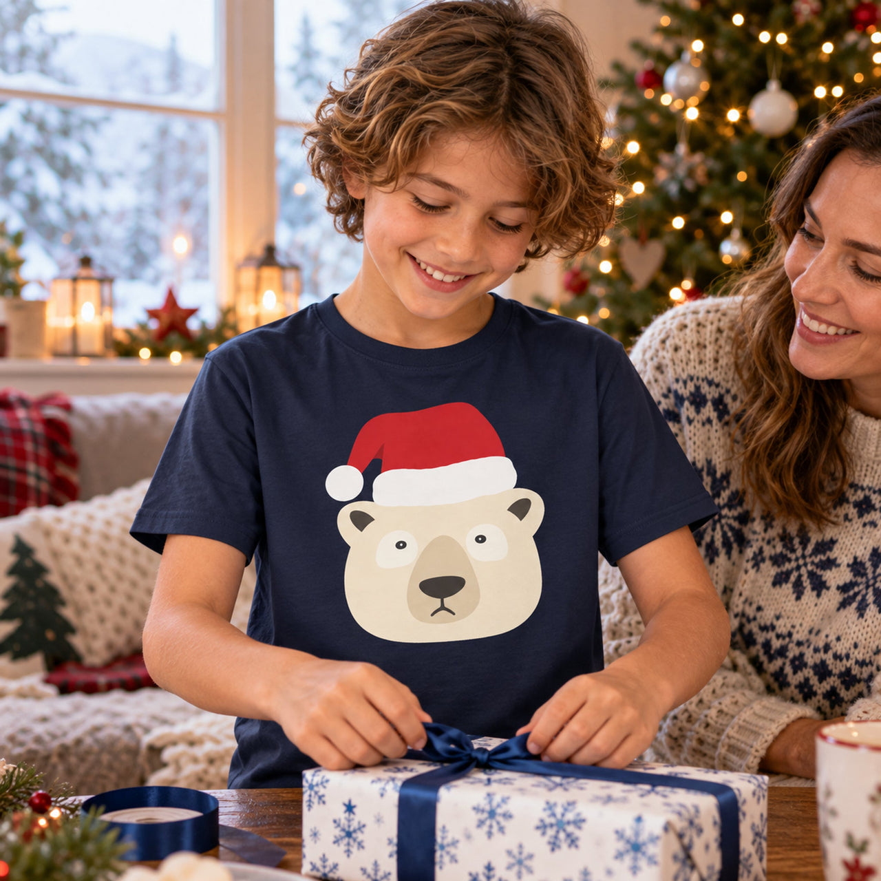 Santa Polar Bear Christmas kids t shirt in Navy, worn in a Christmas home setting with the Santa polar bear front print visible.