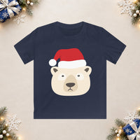 Thumbnail for Santa polar bear Christmas kids t shirt in Navy, front view with the Santa animal illustration on a Christmas flat-lay background.