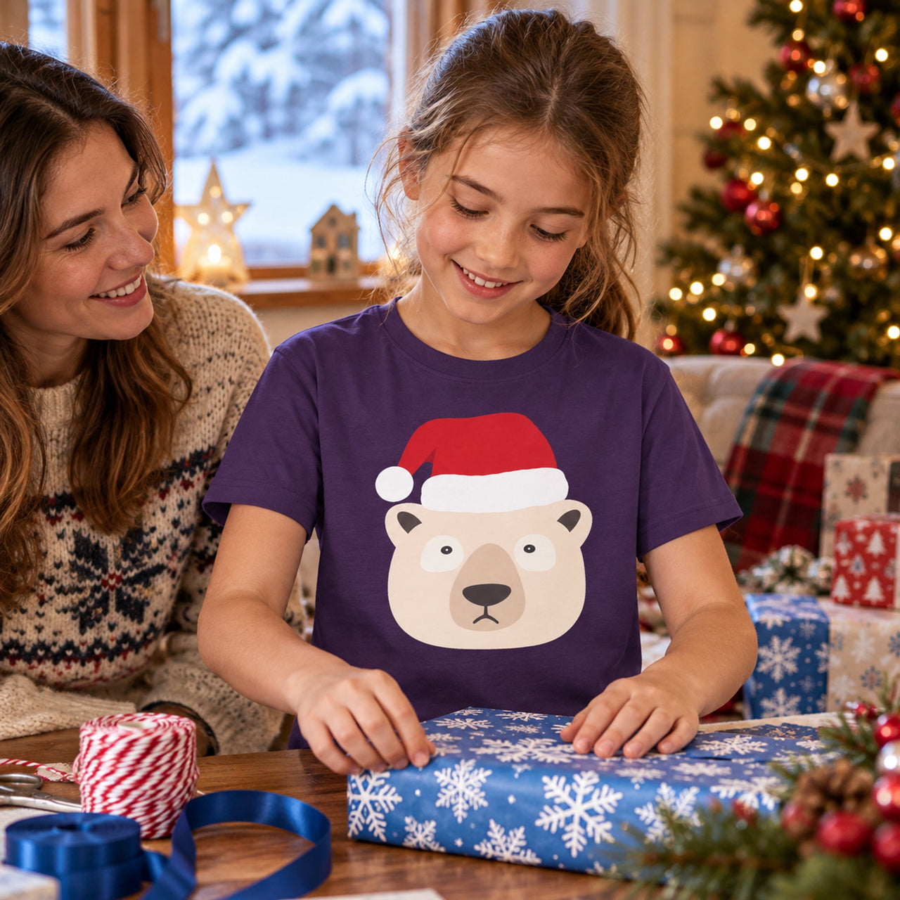 Santa Polar Bear Christmas kids t shirt in Purple, worn in a Christmas home setting with the Santa polar bear front print visible.