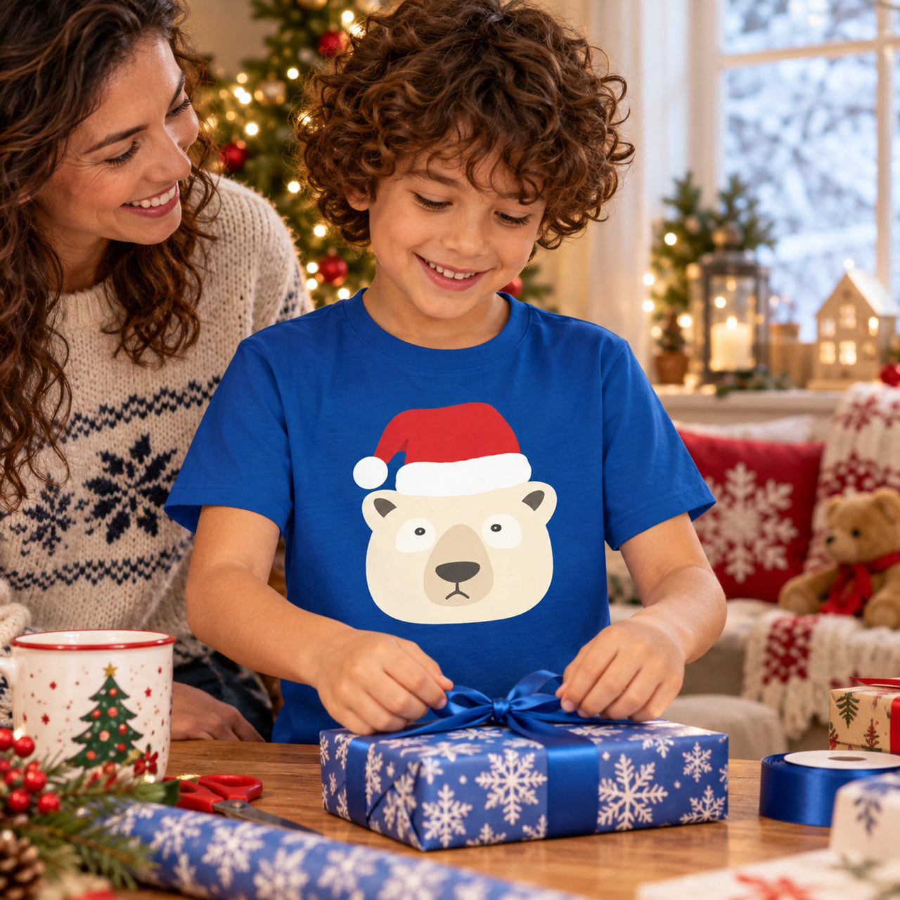 Santa Polar Bear Christmas kids t shirt in Royal, worn in a Christmas home setting with the Santa polar bear front print visible.