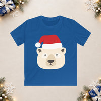 Thumbnail for Santa polar bear Christmas kids t shirt in Royal, front view with the Santa animal illustration on a Christmas flat-lay background.