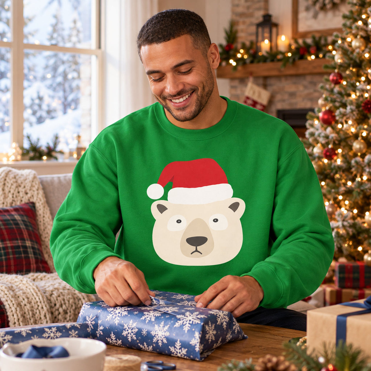 Santa Polar Bear Christmas sweatshirt in Irish Green, worn in a Christmas home setting with the Santa polar bear front print visible.