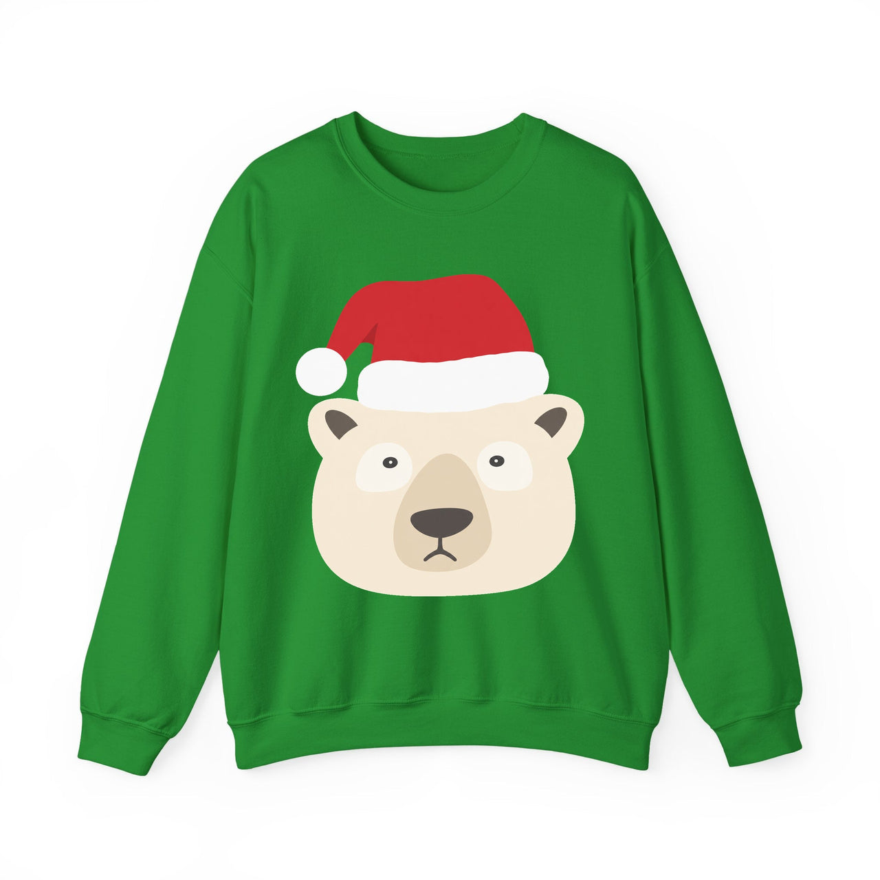 Santa polar bear Christmas sweatshirt in Irish Green, front view with the Santa animal illustration.