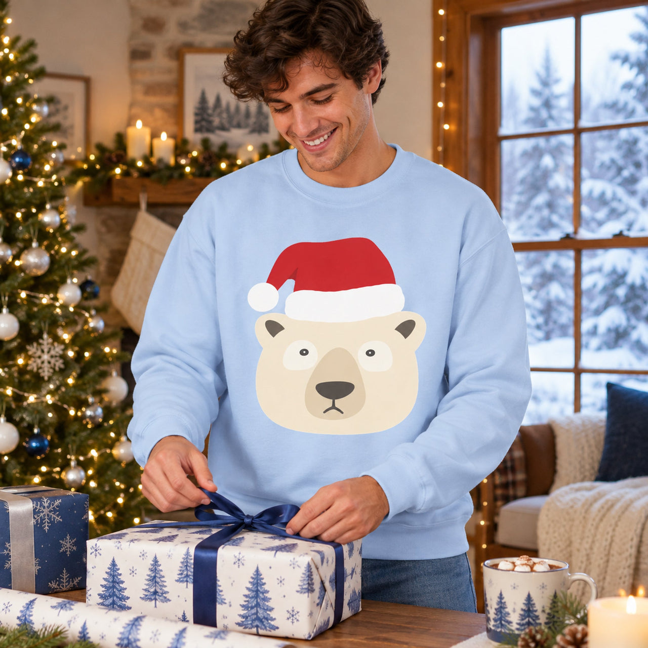 Santa Polar Bear Christmas sweatshirt in Light Blue, worn in a Christmas home setting with the Santa polar bear front print visible.