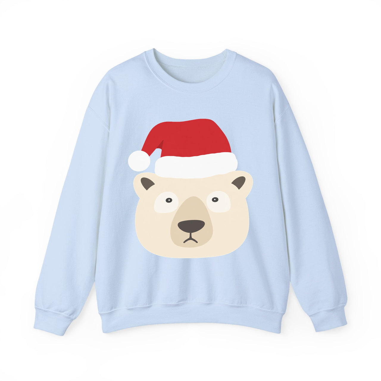 Santa polar bear Christmas sweatshirt in Light Blue, front view with the Santa animal illustration.
