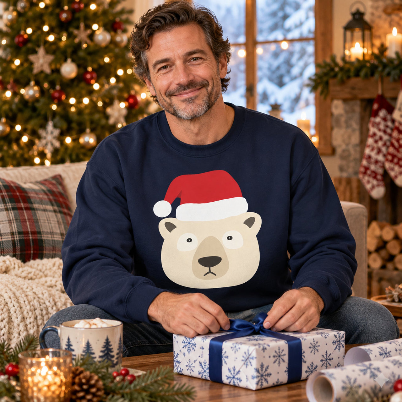 Santa Polar Bear Christmas sweatshirt in Navy, worn in a Christmas home setting with the Santa polar bear front print visible.