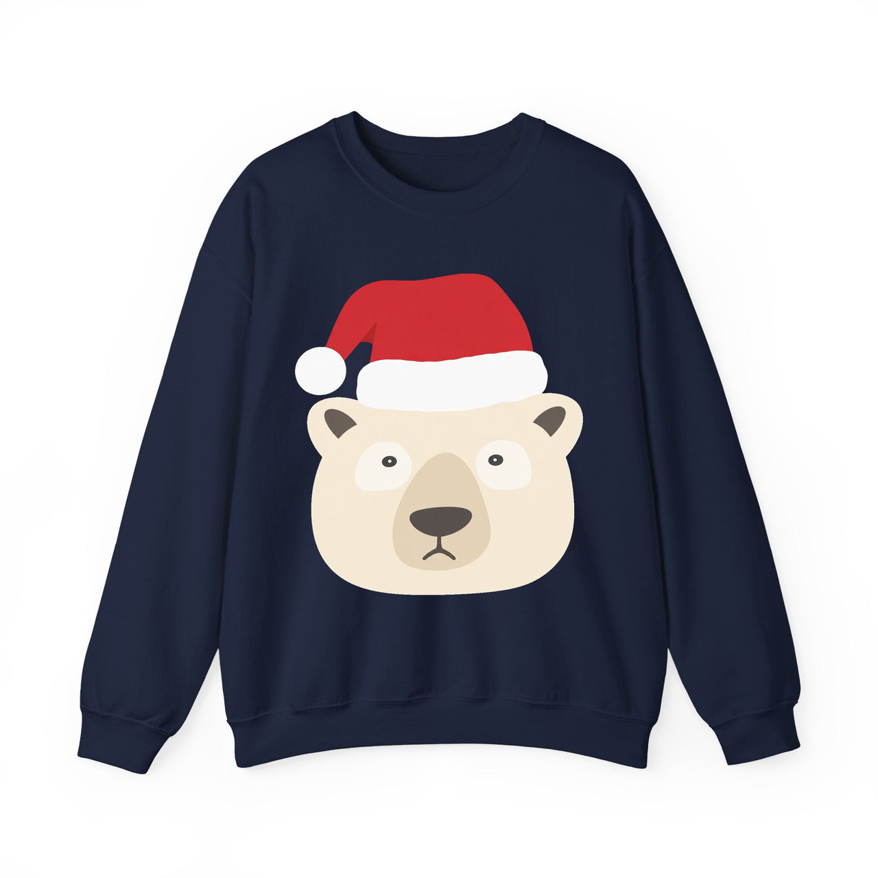 Santa polar bear Christmas sweatshirt in Navy, front view with the Santa animal illustration.