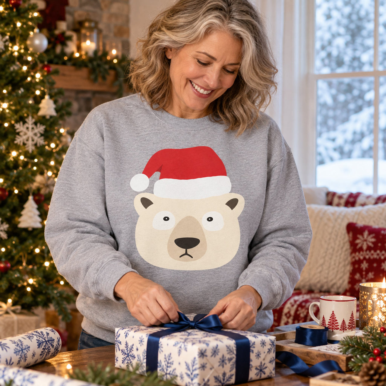 Santa Polar Bear Christmas sweatshirt in Sport Grey, worn in a Christmas home setting with the Santa polar bear front print visible.