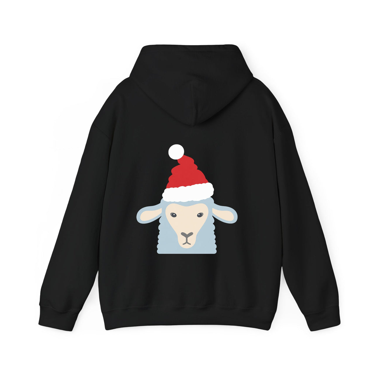 Santa sheep Christmas back print hoodie in Black, back view with the Santa animal illustration.